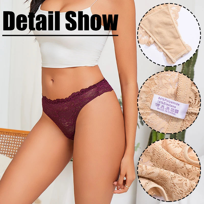 FINETOO 6Pcs/Set Perspective Lace Panties Hollow Out Low-waist Underwear Thongs Female Underpants Breathable Lingerie Intimates