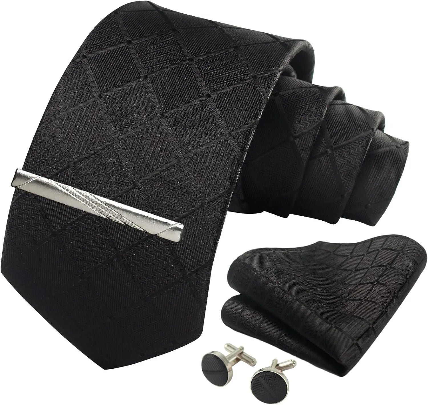 100% Silk Ties for Men Plaid & Checks Tie Clip Handkerchief Woven Classic Men's Necktie Pocket Square Set Formal Wedding Ties