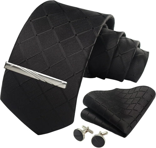 100% Silk Ties for Men Plaid & Checks Tie Clip Handkerchief Woven Classic Men's Necktie Pocket Square Set Formal Wedding Ties