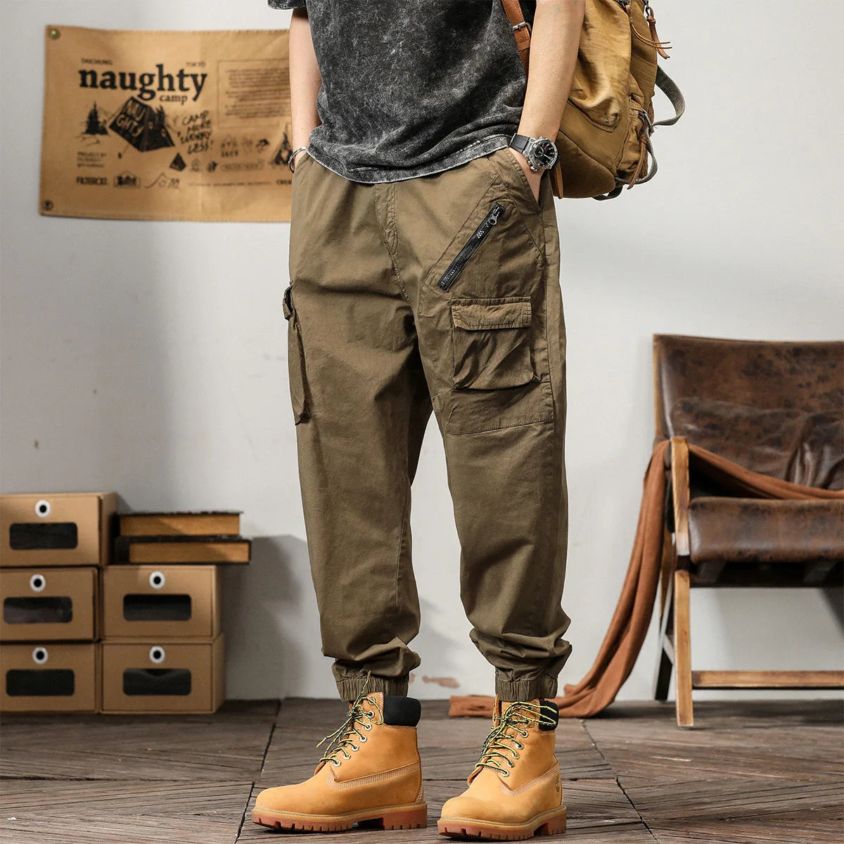 Man's Cargo Pants High Waist Casual Ninth Pants Fashion Slim High Street Straight Workwear Trousers Trend Streetwear Binding leg