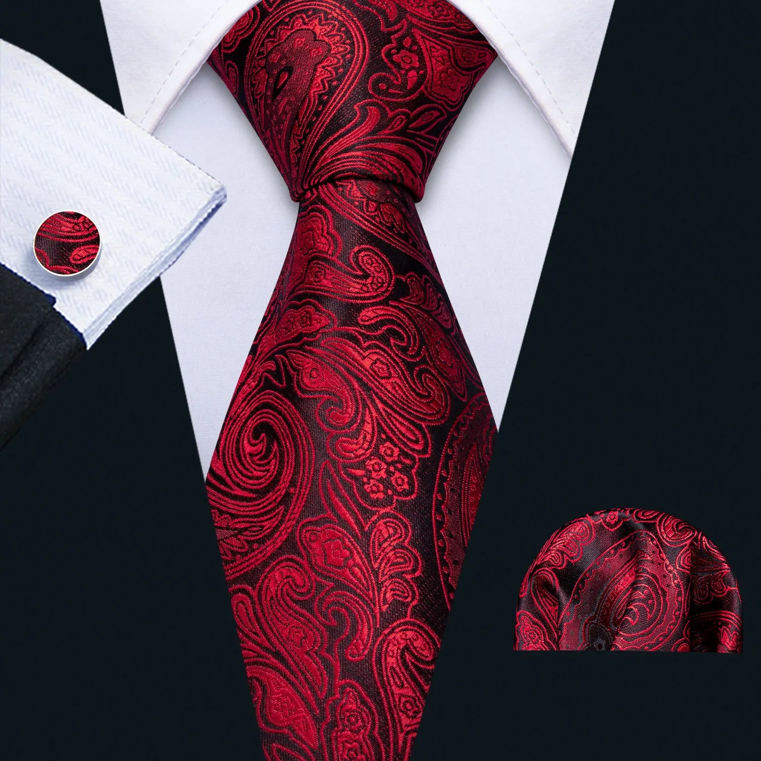 Male Luxury Neck Tie For Men Business Red Striped Tie Hanky Cufflinks Set Neckwear Wedding Party Casual