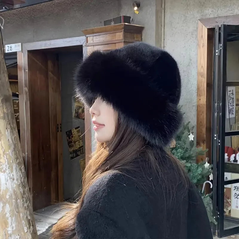 Winter Warm Fleece Bucket Hat with Ear Protector,Winter Windproof SolidColor Thick Casual Elegant Pullover for Outdoor Dailywear