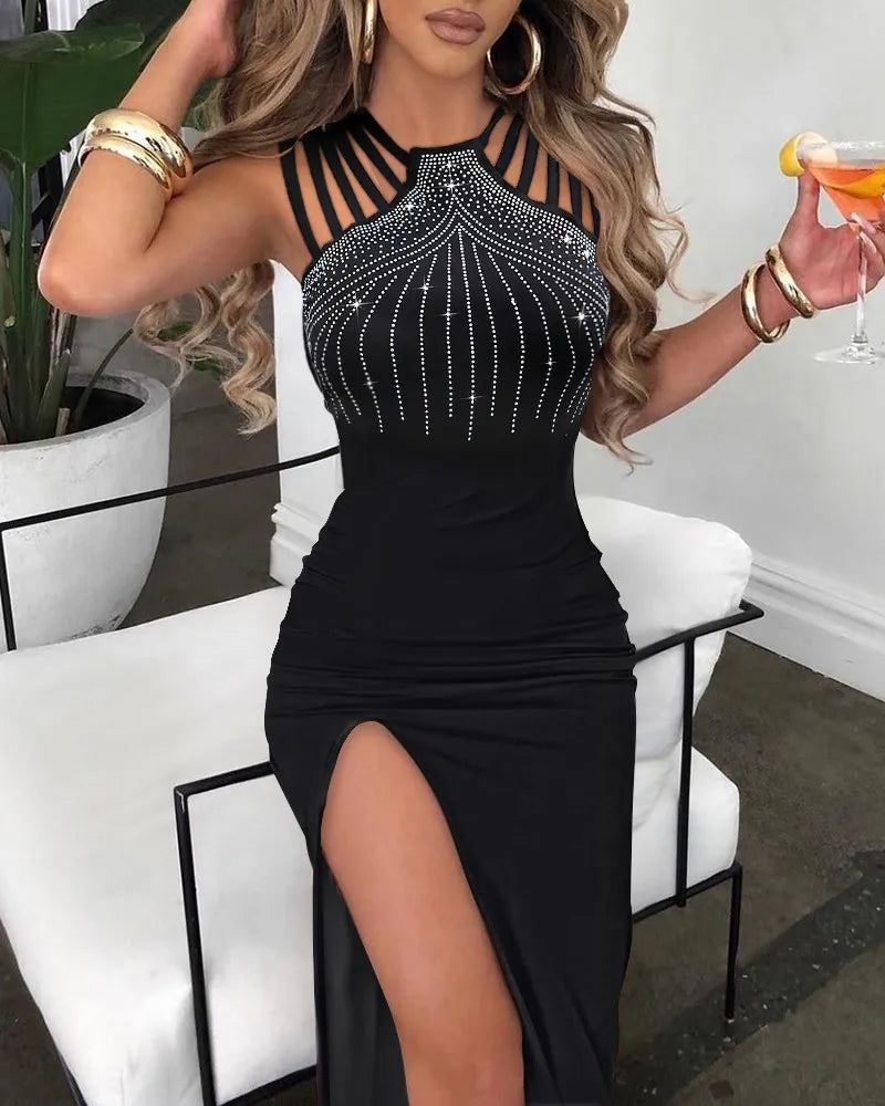 2026 Women’s Dress with Stylish Embroidered Beads, Flared Hem, and Back Slit – Perfect for Nightclubs and Parties.