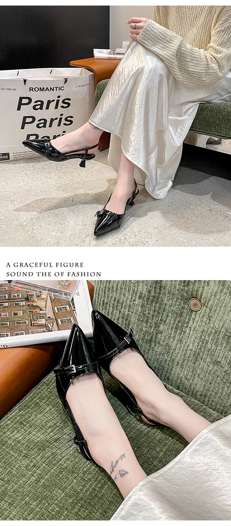 2026 New Summer Women's Dress Shoes Patent Leather Slip on Pointed Toe Sandals Buckle Slingbacks Mid Heels Pumps Sandalias Mujer