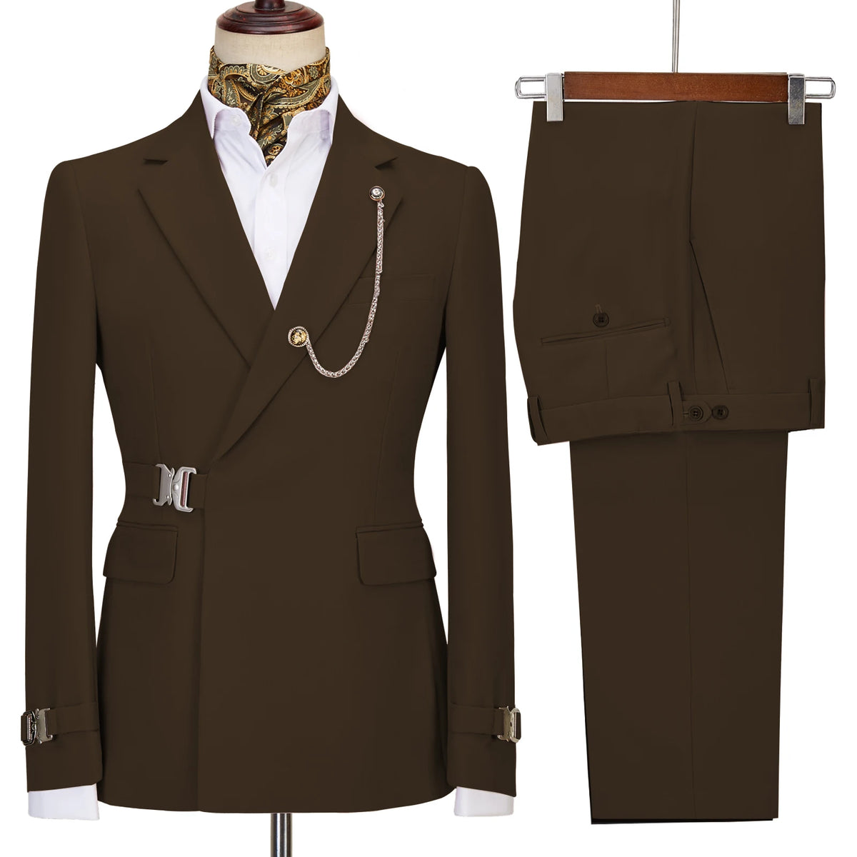 Elegant Men's Suit 2 Pieces Fashion Metal Buckle Jacket Boutique Business Casual Suit Coat Groom Wedding Dress (Blazers+Pants)