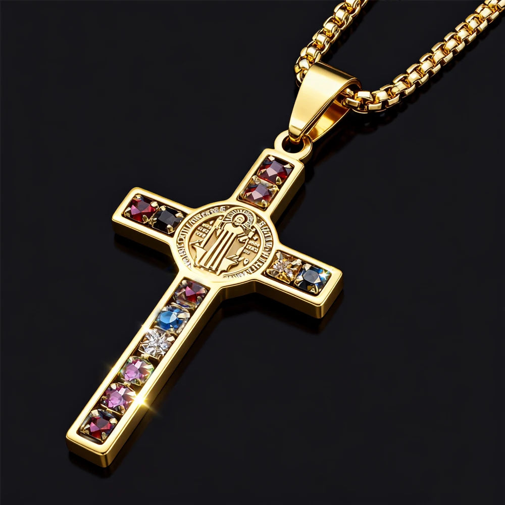 Saint Benedict Jesus Cross Stainless Steel Necklace Catholic Crucifix Male Colored Zircon Necklaces Jewelry San Benito