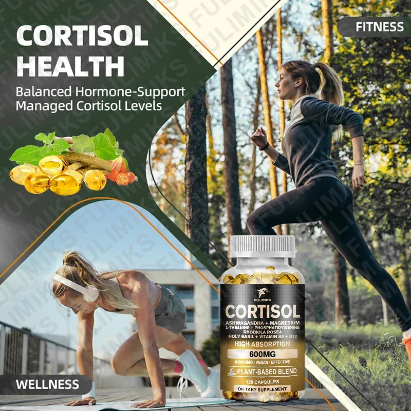 Cortisol Supplement, Hormone Balance, Magnesium, Ashwagandha, Rhodiola, L-Theanine, Vitamin B6 & B12, Mood, Focus, Sleep Support