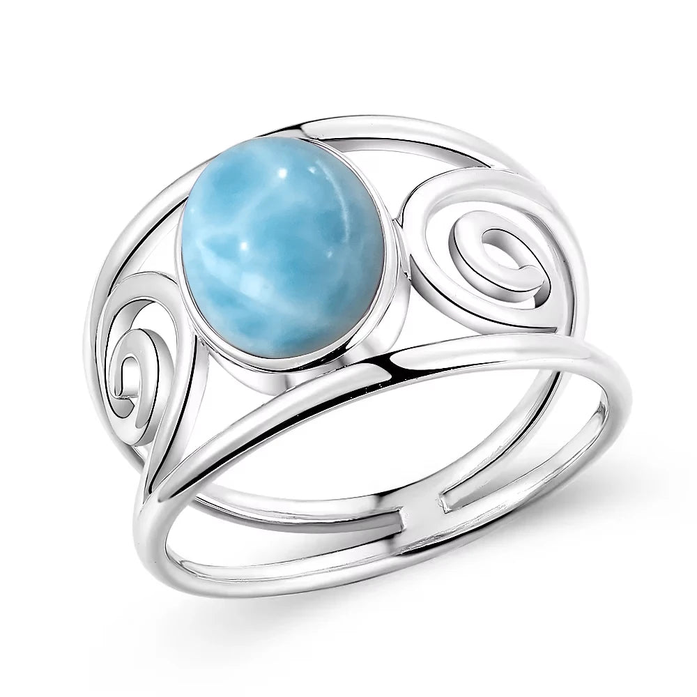 Vintage 925 Silver Ring Natural Larimar Stone Ring Round Flower Shape Sky Blue Summer Ring Fine Jewelry Gift for Men Women