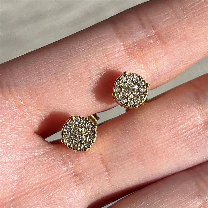 Huitan Fancy Round Shaped Stud Earrings Paved Shiny CZ Stone Silver Color/Gold Everyday Fashion Versatile Women's Ear Jewelry