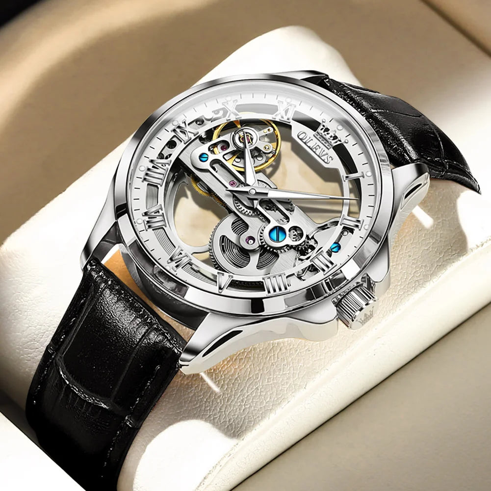 OLEVS 6661 Top Brand Men's Watches Fashion Hollow Flywheel Automatic Mechanical Wristwatch Waterproof Luminous Leather Strap