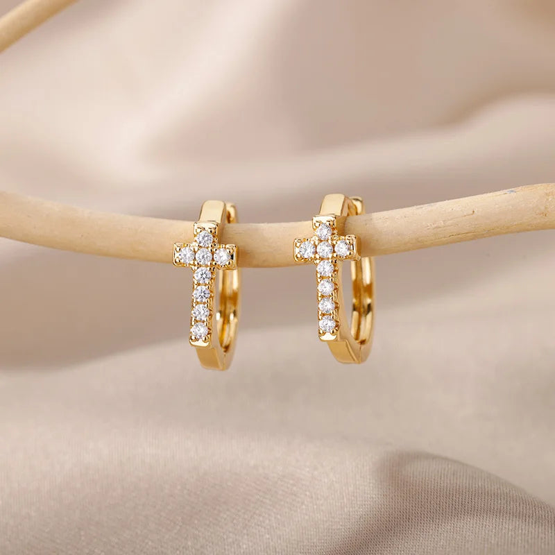 CZ Zircon Cross Hoop Earrings For Women Stainless Steel Hip Hop Punk Small Geometric Round Earrings Religion Jewelry Gift