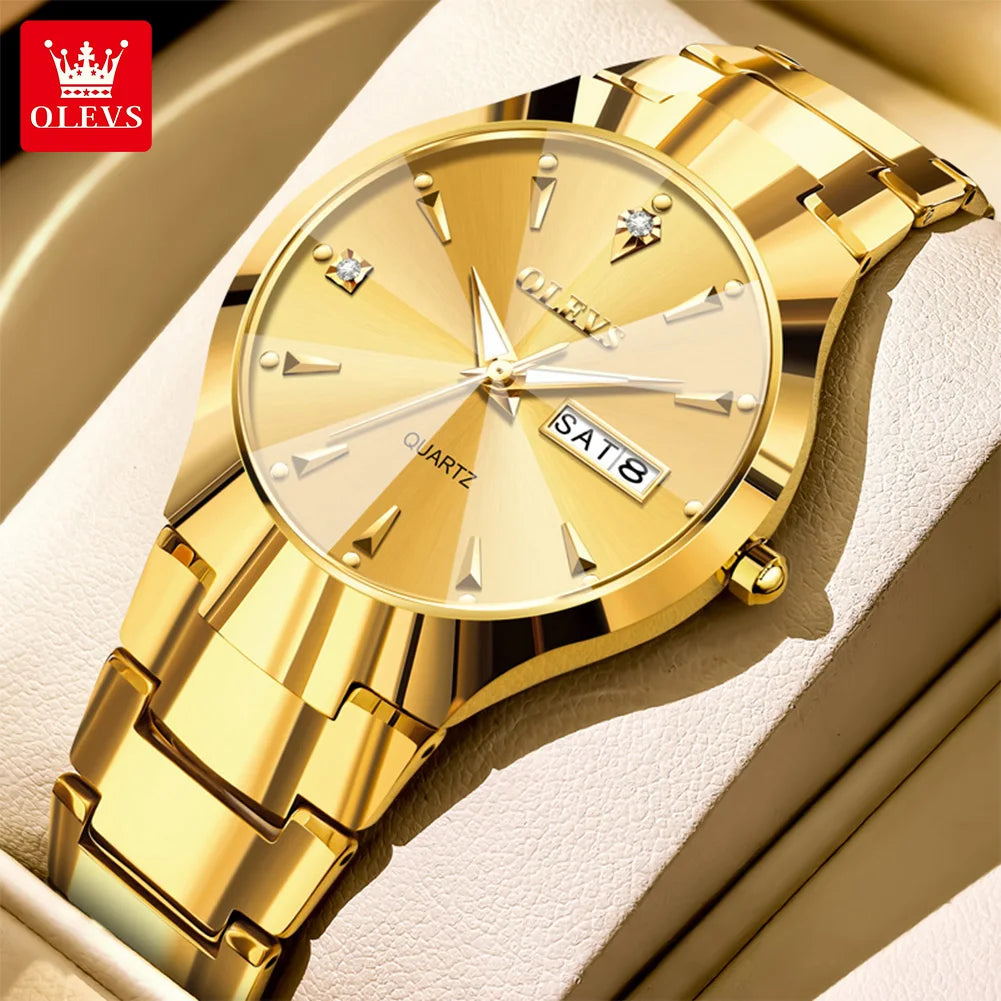OLEVS Fashion Mens Watches Top Brand Luxury Tungsten Steel Gold Quartz Watch for Man Waterproof Luminous Date Week Wristwatch