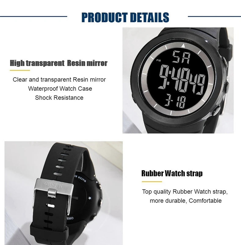 Digital Watches for Men Black Waterproof Tactical Wristwatch Big Dial Waterproof Electronic Led Military Clocks Alarm Stopwatch
