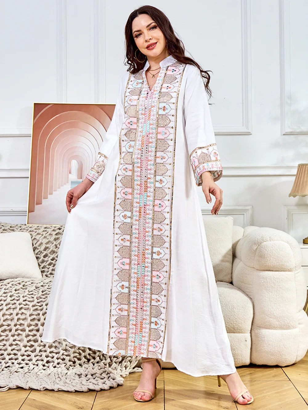 2025 Muslim Women Long Sleeve Kaftan Arabic Sequins Embroidered Party Evening Long Abaya Muslim Fashion Dresses Abaya Dubai