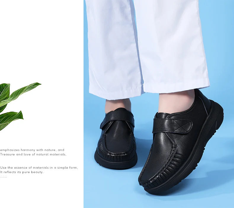 Women's Genuine Leather Nurse Shoes Soft Bottom Comfortable Breathable Anti-Slip Magic Tape Work Shoes Black White Spring Autumn