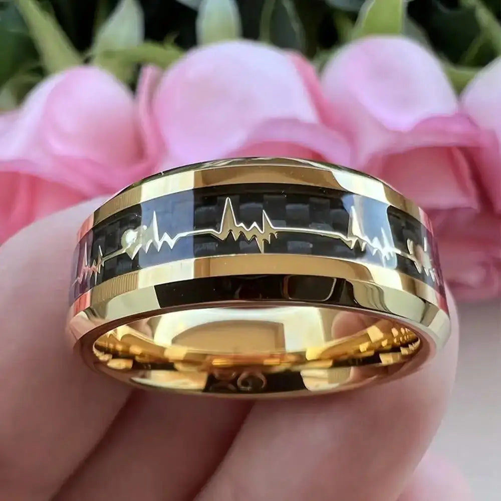 8mm Trendy Stainless Steel Rings For Men Jewelry Party Gift Fashion Black Carbon Fiber Golden Heart Rate Line Men Rings