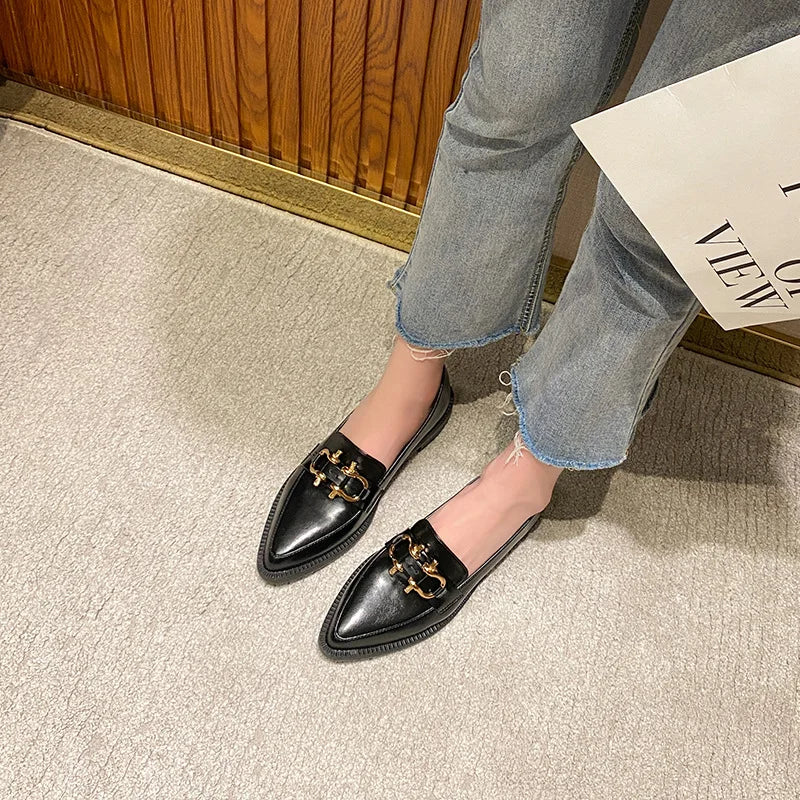 New Women Pointed Toe Leather Casual Shoes British Style Dress Shoes Fashion Cool Slip-on Loafers