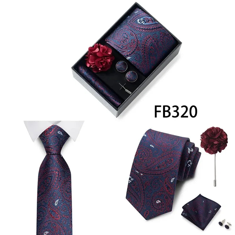 Luxury and Fashionable Men's Tie Gift Box Includes Tie, Handkerchief, Cufflinks, Tie Clip, Brooch