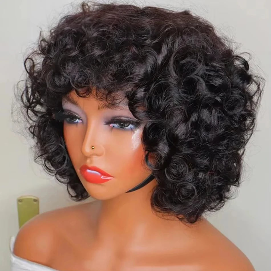 250% Bouncy Curly Bob Human Hair Wigs Loose Bouncy Rose Curly Wigs With Bangs Brazilian Remy Hair Machine Made Wig for Women