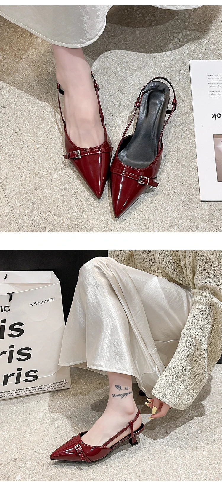 2026 New Summer Women's Dress Shoes Patent Leather Slip on Pointed Toe Sandals Buckle Slingbacks Mid Heels Pumps Sandalias Mujer