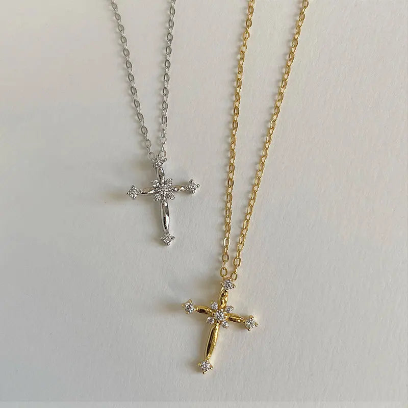 Luxury Exquisite Inlaid Full Zircon 925 Sterling Silver Cross Necklace for Women Girls Collarbone Chain Jewelry Accessories Gift