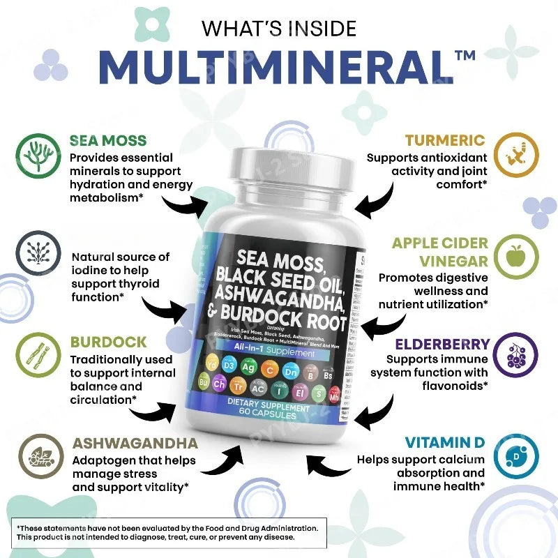 Sea Moss Capsules Contain Black Seed Turmeric & Vitamin D Plant-Based Daily Mineral  All in One Supplement 60 Count Per Bottle