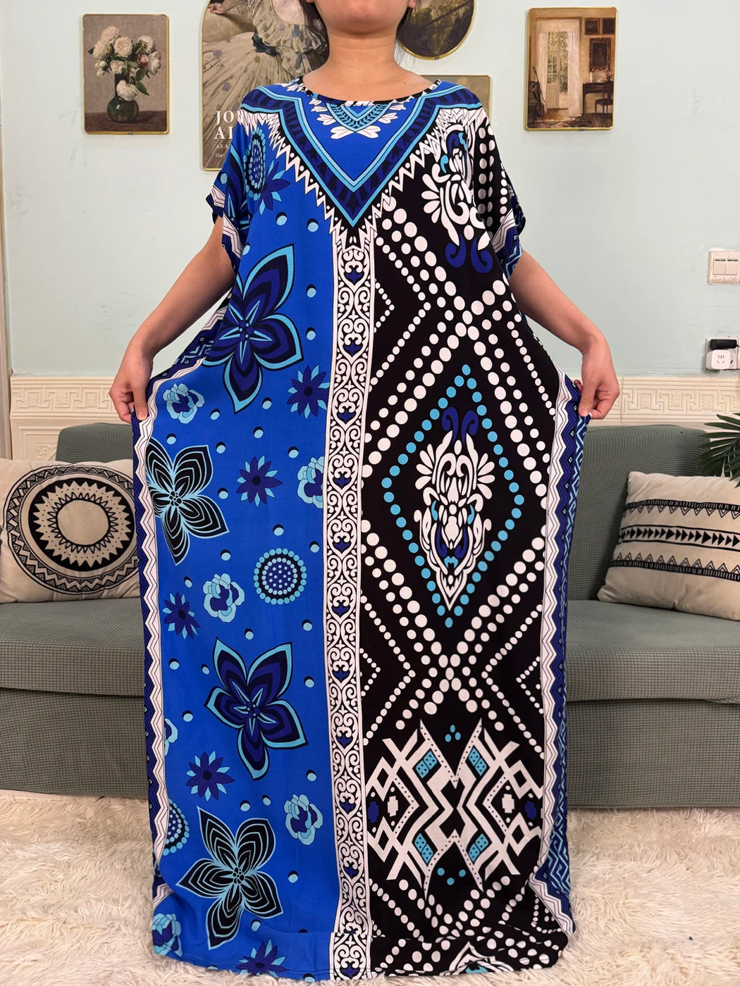 Muslim Abayas For Women 2025 Cotton Floral Printed Loose Caftan Marocain Femme Robe Eid Islam African Dresses With Pocket Scarf