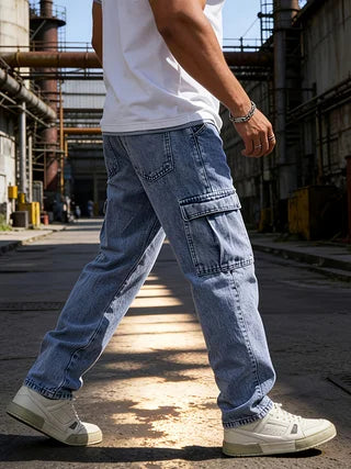 Men's Classic Multi-Pocket Jeans - Casual Street Style Regular Fit, Machine Washable, All-Season Wear, Light Blue Jeans