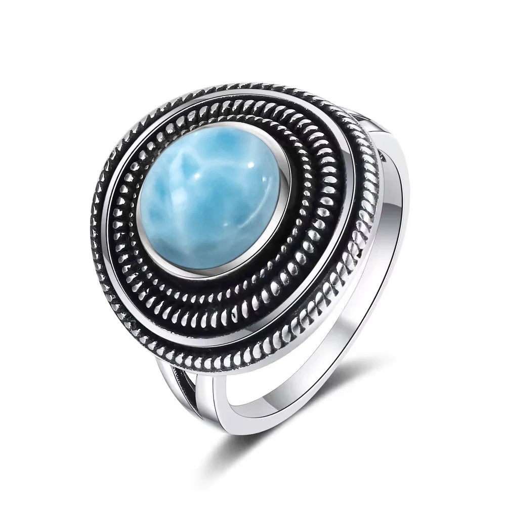 Vintage 925 Silver Ring Natural Larimar Stone Ring Round Flower Shape Sky Blue Summer Ring Fine Jewelry Gift for Men Women