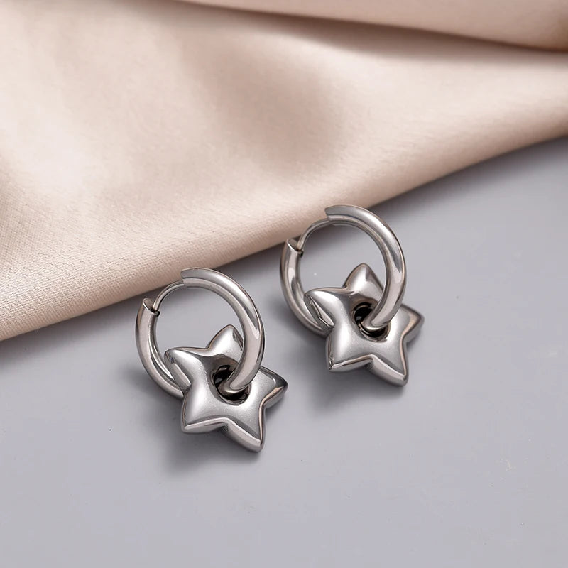 Stainless Steel Round Star Moon Heart Pendant Hoop Earrings for Women Fashion Classic Y2K Jewelry Gold Silver Color Earring
