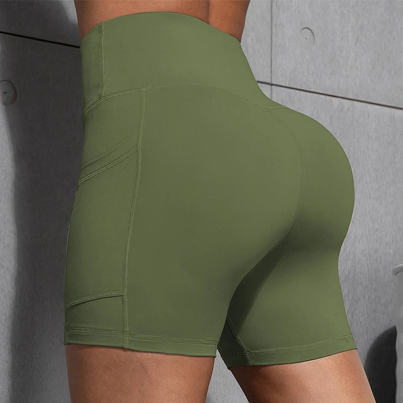 Women Shorts with Pockets Sexy Butt Lifting Fitness Cycling Tights Slim Solid Color High Waist Sports Shorts Casual Fashion Wear