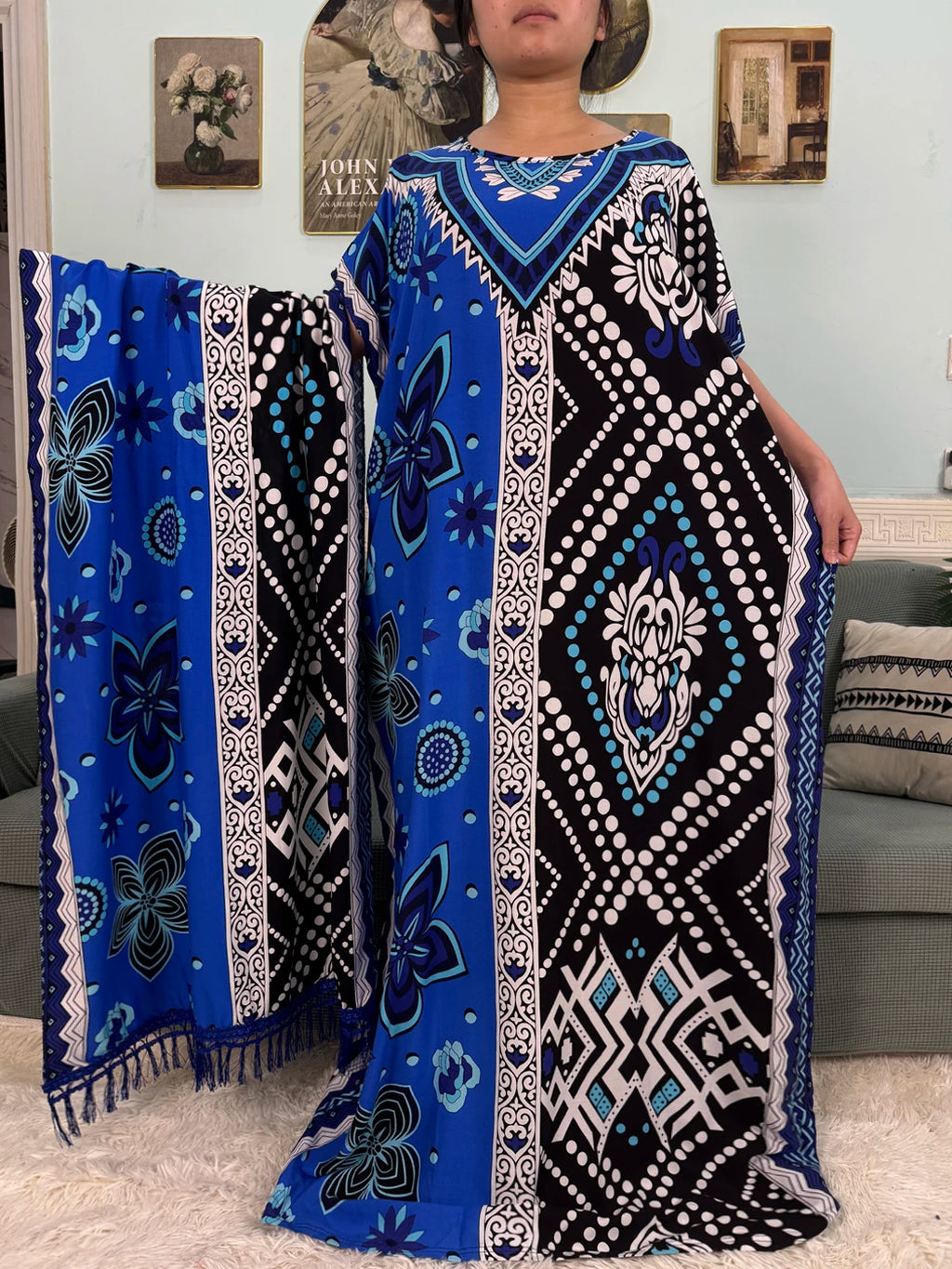 Muslim Abayas For Women 2025 Cotton Floral Printed Loose Caftan Marocain Femme Robe Eid Islam African Dresses With Pocket Scarf