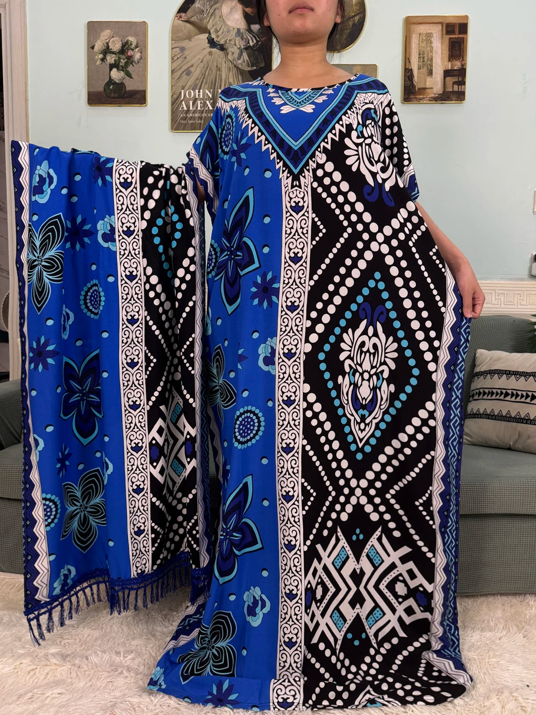 Muslim Abayas For Women 2025 Cotton Floral Printed Loose Caftan Marocain Femme Robe Eid Islam African Dresses With Pocket Scarf