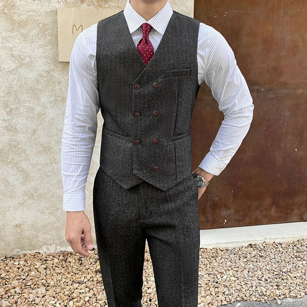 Vest Suit Men Groomsmen Clothes British Retro Tweed Vest Male Bridegroom Wedding Dress Brothers Outfit Waistcoat Pants Two Piece