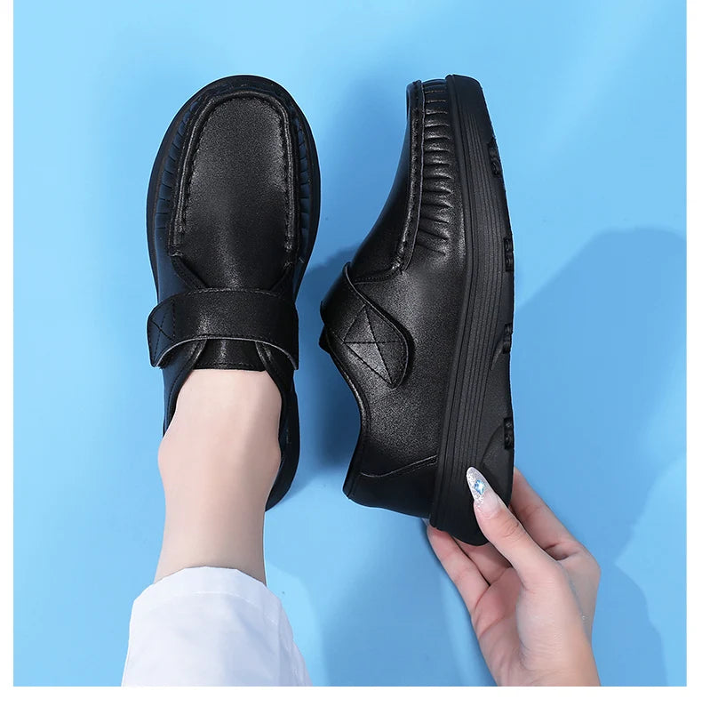 Women's Genuine Leather Nurse Shoes Soft Bottom Comfortable Breathable Anti-Slip Magic Tape Work Shoes Black White Spring Autumn