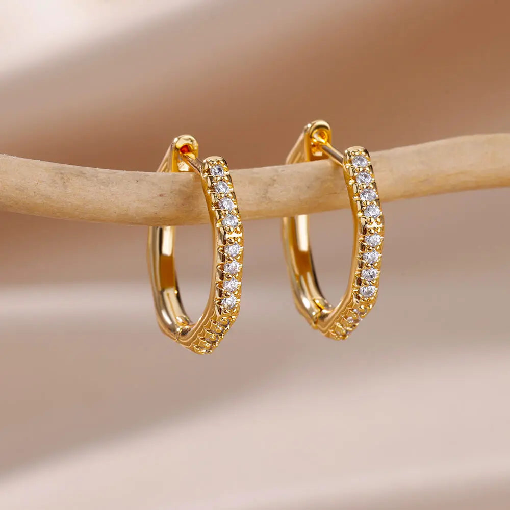 Cubic Zirconia Hoop Earrings For Women Luxury Crystal Zircon Gold Color Stainless Steel Earring Jewelry Wedding Party Gift