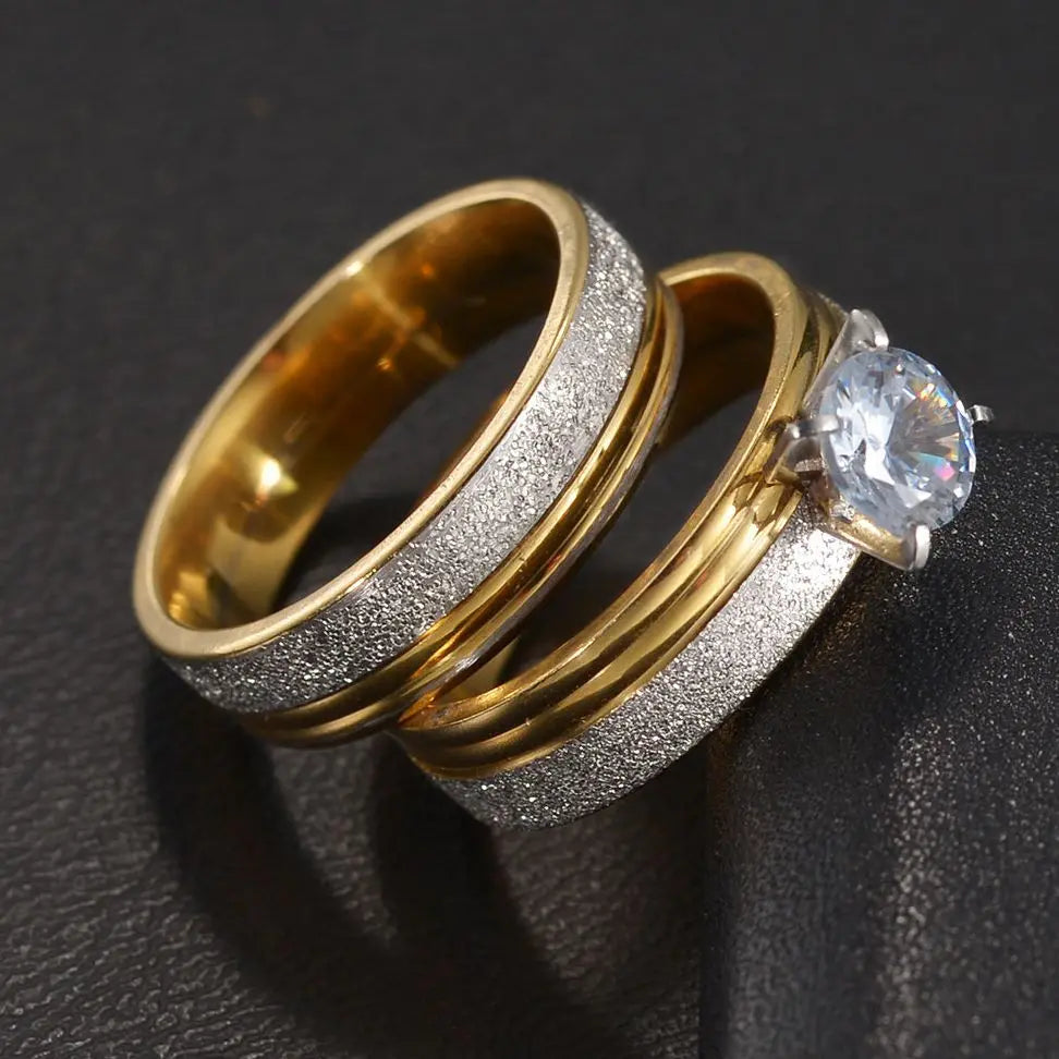 Couple Rings - Women Exquisite Rhinestones Zirconia Rings Set Simple Stainless Steel Men Ring Fashion Jewelry For Lover Gifts