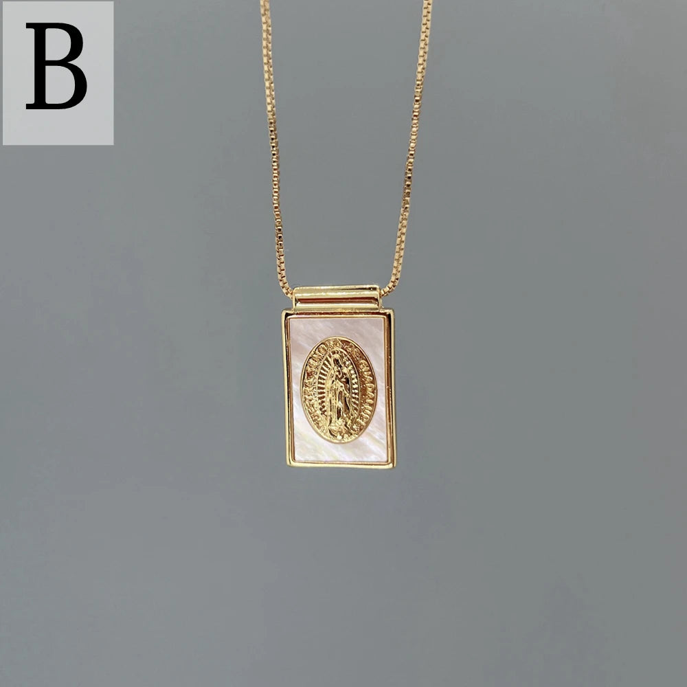 Religious Saint Benedict Cross Guadalupe Necklaces Female Metal Gold Natural Sea Shell Pendant Jewelry For Women