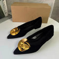 Elegant Office Women's Dress Shoes 2026 Summer New Black Shallow Pointed Toe Fashion Metal Flower Comfortable Ladies Flats