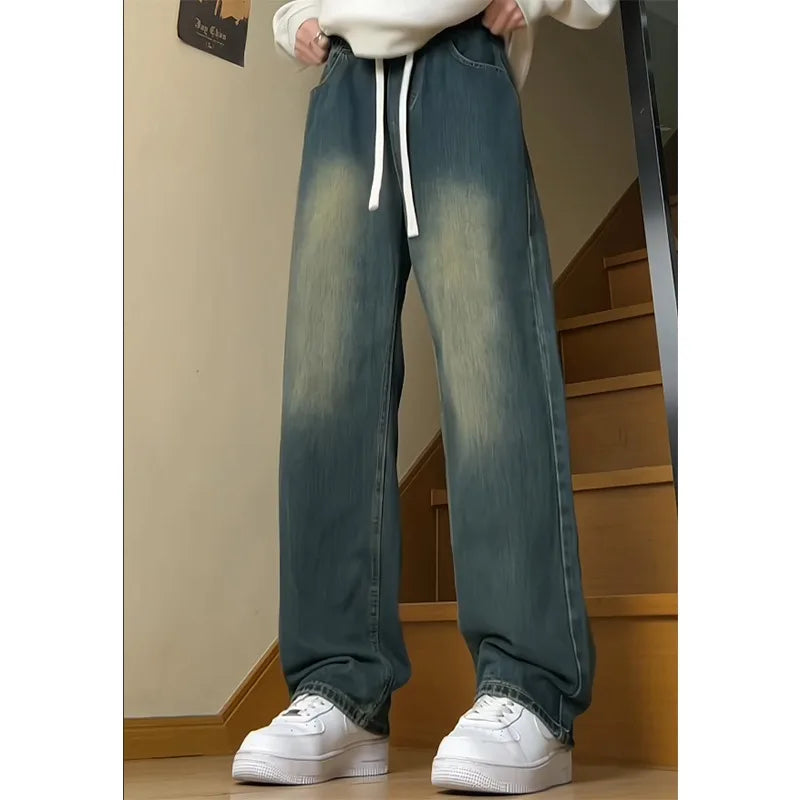 Mens Jeans Man Pants Vintage American Washed Distressed Loose Fit Casual Denim Trousers For Men