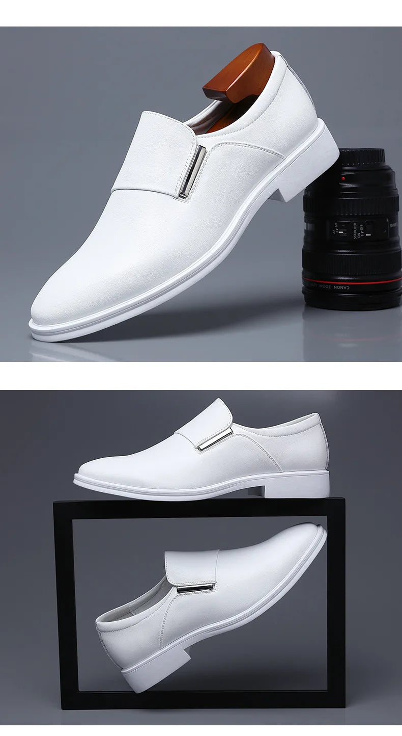 2025 New Men's Elevating Dress Shoes British Style Pointed-Toe Cowhide Leather Soft White Oxfords Formal Business Footwear