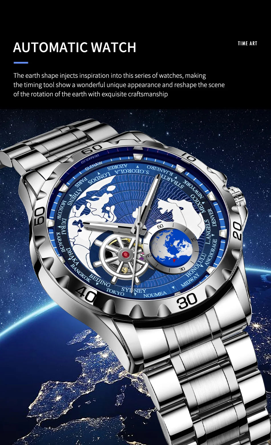 2025 New GLENAW Earth Series Mechanical Watch Men Rotating Earth Dial Night Light Waterproof Top Luxury Design Mechanical Watch