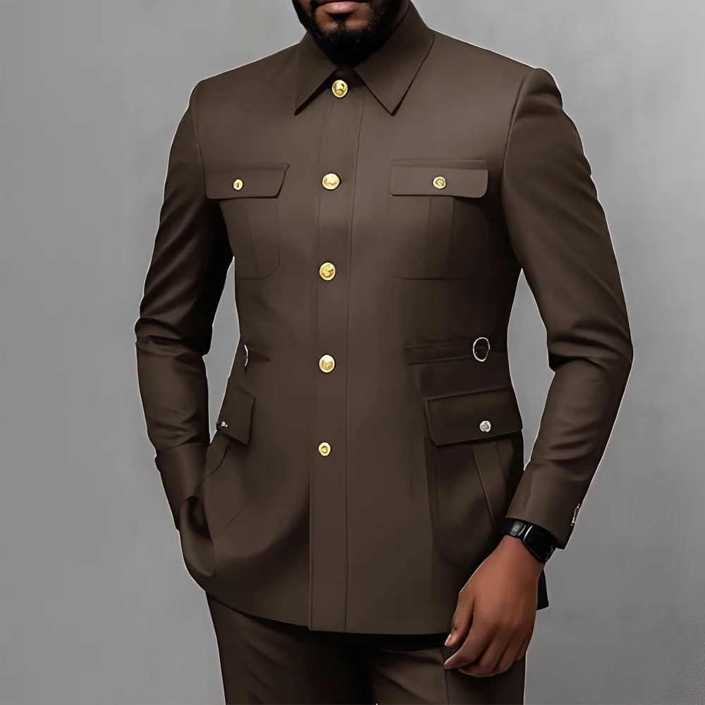 Men's 2-Piece Formal Suit, Utility Style, Golden Buttons, Suit + Trousers Combination, Fashionable Business Use