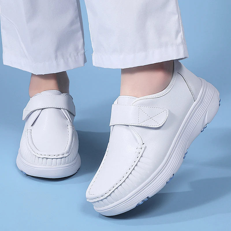 Women's Genuine Leather Nurse Shoes Soft Bottom Comfortable Breathable Anti-Slip Magic Tape Work Shoes Black White Spring Autumn