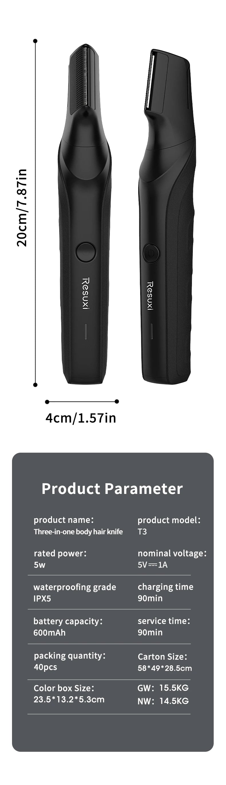 RESUXI T3 Men's 3 in 1 Multifunctional Electric Body Hair Trimmer Full Body Washable Shaver Portable Pubic Hair Clipper Razor