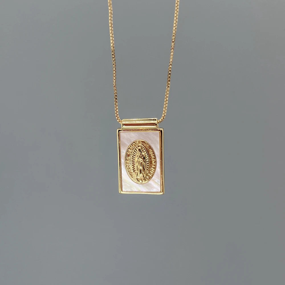 Religious Saint Benedict Cross Guadalupe Necklaces Female Metal Gold Natural Sea Shell Pendant Jewelry For Women