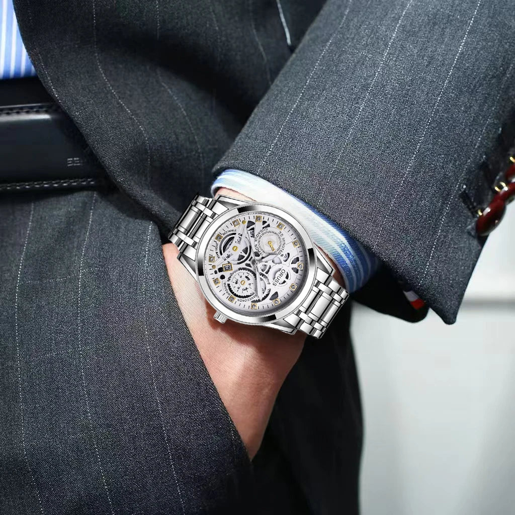 High-end personalized watches; fashionable stainless steel straps; durable and waterproof; hollow gear style; cool and trendy.