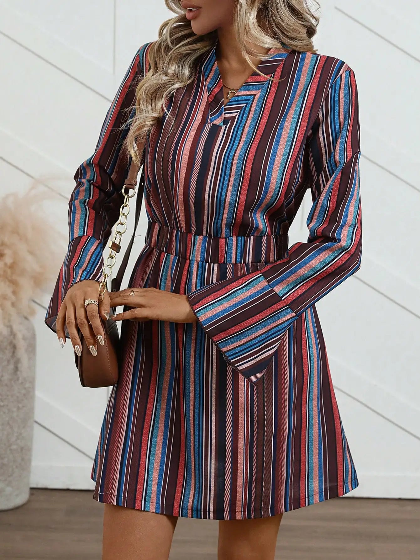 Women's elegant dress, winter dress, striped print, casual, conservative, party-appropriate, belted, button-down, everyday.