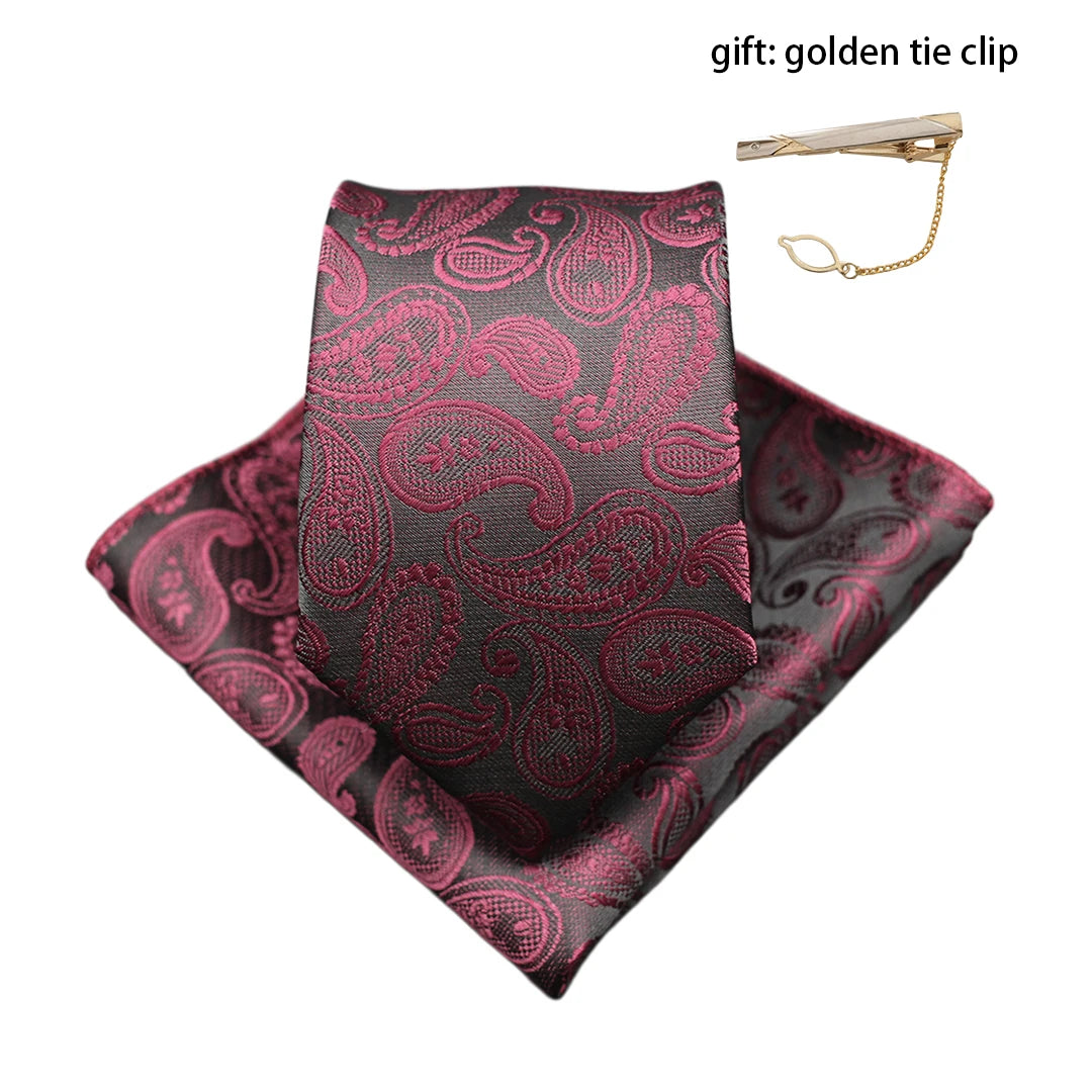Mens Gift Tie Set Exquisite Red Jacquard Wine Burgundy Paisley Wedding Tie For Men Fashion Design Quality Hanky Dropshipping