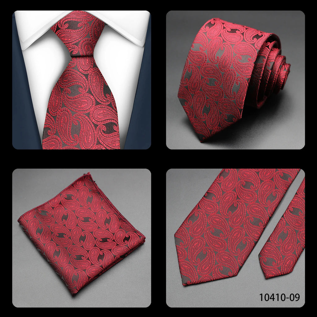 Mens Gift Tie Set Exquisite Red Jacquard Wine Burgundy Paisley Wedding Tie For Men Fashion Design Quality Hanky Dropshipping
